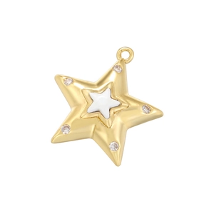 Detailed view of a gold star pendant with white enamel center and sparkling crystals