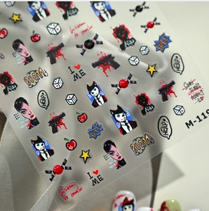 Macro shot of M-119 pop art nail decals featuring retro girls, hearts and star patterns