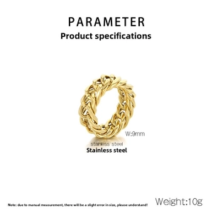 Detailed view of 9mm wide 18K gold-plated stainless steel Cuban link chain ring