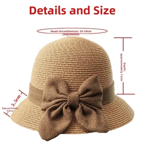 Detail view of woven straw hat showing the decorative bow and brim dimension measurements