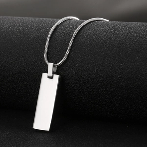 Silver rectangle pendant necklace with snake chain made of polished stainless steel