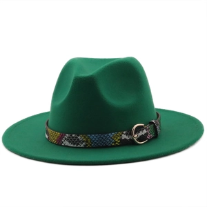 Emerald green fedora hat with a python texture band and gold buckle on a white background