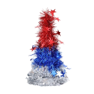 Patriotic star sequin cone tree decoration in red, blue, and silver for tabletop display