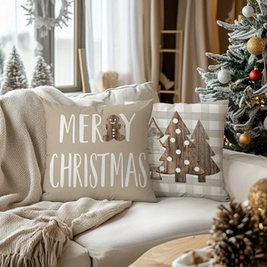 Christmas linen pillow covers with gingerbread and tree patterns for holiday home decor