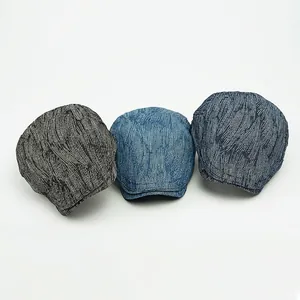 Three-piece denim and cotton ivy caps set in dark grey, light blue and navy textured styles