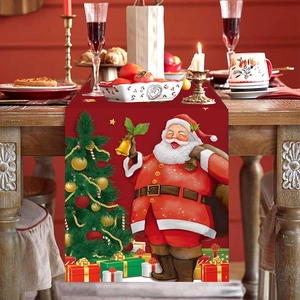 Christmas table runner with Santa Claus and tree patterns for holiday dining room decor