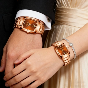 Close-up of NIBOSI rose gold couple watches with square brown dials on a formal couple
