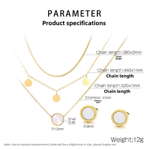Detailed size chart for layered gold stainless steel shell pendant necklace and earrings set