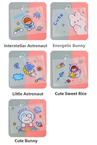 Close-up of five cute semi-transparent waterproof pencil bags with cartoon space motifs