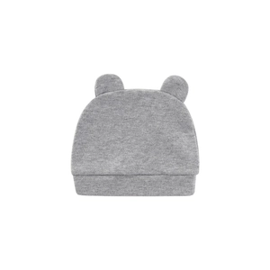 Detailed view of grey newborn cotton hat with cute bear ears and soft knit texture