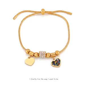 Heart Pendant Adjustable Snake Chain Bracelet Stainless Steel 18K Gold Plated Colorful Rhinestone Bolo Jewelry Women