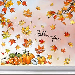 Autumn window stickers set with colorful maple leaves pumpkins and Fall is in the Air text