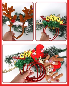 Detail of glowing LED reindeer antlers headband with Merry Christmas snowflakes decoration