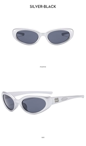 Front and side view of Y2K matte silver sports sunglasses with narrow black lenses