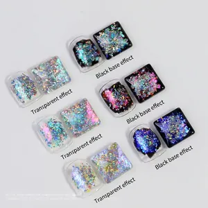 Laser chameleon nail sequins with dual effect on black and clear bases for manicure art
