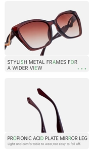 Detail view of cat eye sunglasses featuring metal frames and propionate fiber temples