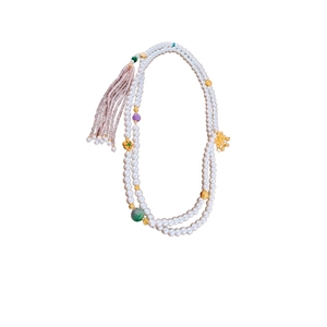 Double-layer pearl necklace with gold lotus pendants, green agate beads and tassels