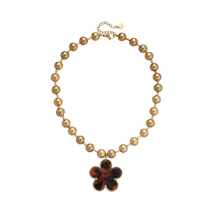 Vintage stainless steel beaded necklace with gold finish and brown resin flower pendant