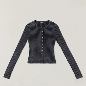 Slim fit washed black ribbed knit cardigan with long sleeves and front button closure