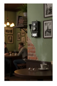 Vintage black rotary wall phone model on brick wall in a rustic industrial bar setting