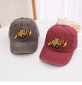 Close-up of charcoal grey and deep red washed cotton kids baseball caps with excavator embroidery