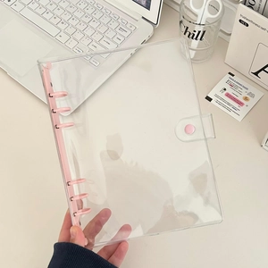 Detail of transparent PVC 6-ring binder with pink metal clips and snap button closure