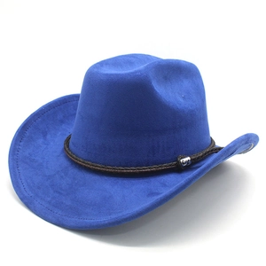 Macro shot of bright blue suede western hat with brown braided band and metal buckle detail