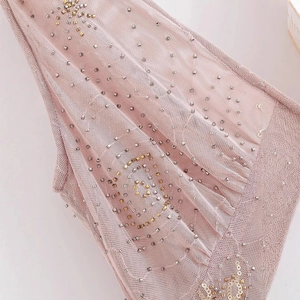 Pink tulle midi dress featuring intricate silver beads and golden sequins embroidery