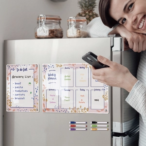 Macro view of acrylic magnetic weekly planner and to-do list with 6 colored markers
