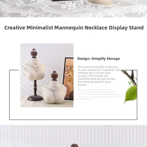 Necklace display stand set with beige fabric bust and dark wood base for jewelry storage