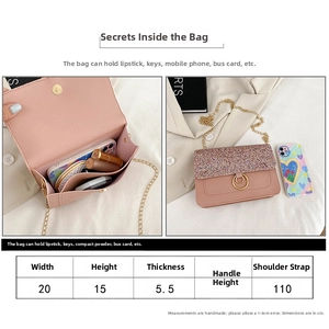 Size chart detail for the pink sequin crossbody bag with chain strap measurements