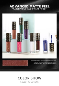 Detailed view of matte waterproof lip gloss collection in twelve vibrant makeup colors