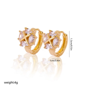 Detail view of gold hoop earrings with marquise zircon flower and dimensions 1.3cm by 1cm