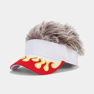 Detailed embroidery of flame pattern on white baseball cap with integrated wig hair