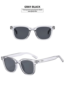 Close-up of transparent grey frame sunglasses with stylish dark grey lenses and chunky temple