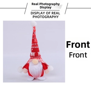 Front detail of Christmas gnome figurine with red knitted hat and white reindeer pattern