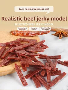 Macro shot of realistic PVC beef jerky models with fiber texture for dollhouse decor