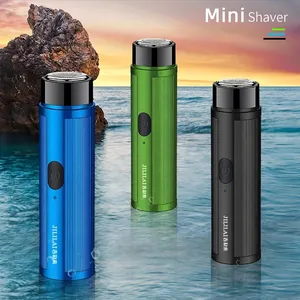 Portable mini electric shaver for men in blue green black colors with textured design