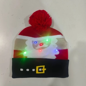 Detail of LED Christmas beanie showing knit texture and colorful glowing lights