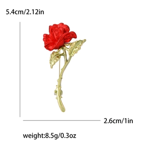 Elegant red rose brooch with gold stem shown with product size and weight dimensions
