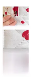 Detail of red heart zipper pull and quilted fabric on a portable makeup bag