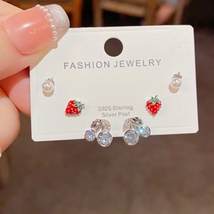 Three-pair earring set with red strawberry, blue cherry, and pearl designs on S925 silver needles