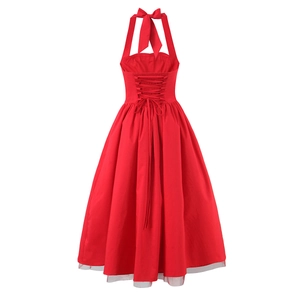 Elegant red halter neck dress with criss-cross back ties and mesh hem detail