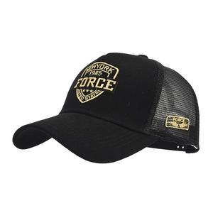 Black trucker hat with gold New York embroidery and breathable mesh in a 45-degree view