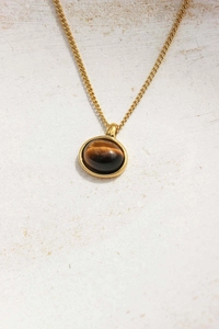 Macro view of golden chain necklace with round brown tiger eye stone pendant