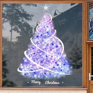 Purple and blue Christmas tree window sticker with glowing stars for festive shop decoration