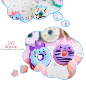 Close-up of unicorn donut DIY erasers in macaron colors for children and school use