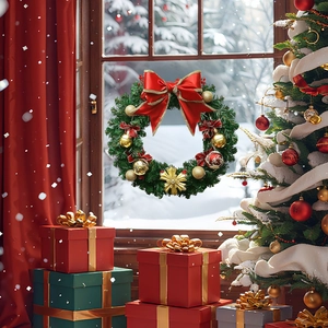 Detailed Christmas wreath with red bow and gold baubles hanging on a snowy window