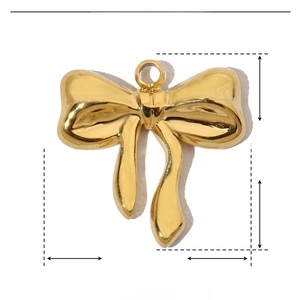 Macro detail of 15mm stainless steel bow pendant with size and weight specifications