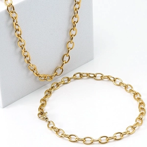 Polished 18K gold-plated 304 stainless steel O-chain necklace and bracelet set